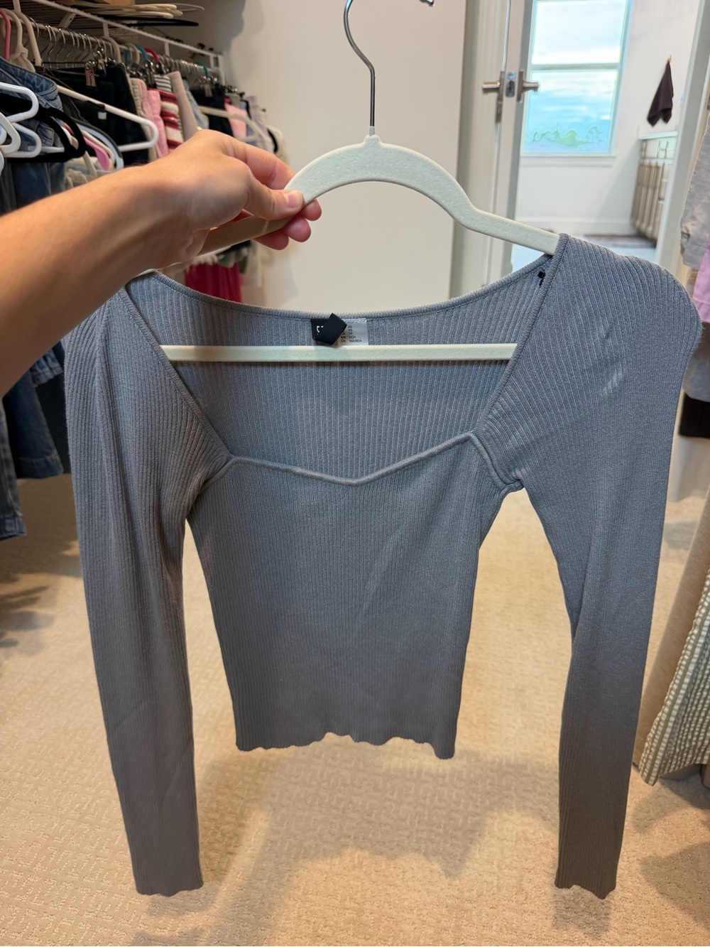 H&M Divided Ribbed Square-Neck Long Sleeve Top - Gray